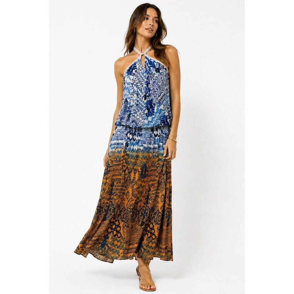 Raga Blue Orange Boho Halter Maxi Dress Cold Shoulder Keyhole Medium
